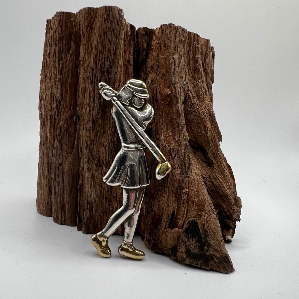 Vintage Sterling Silver 925 &‎ Gilt Gold Accent Golfing Woman Pendant Brooch